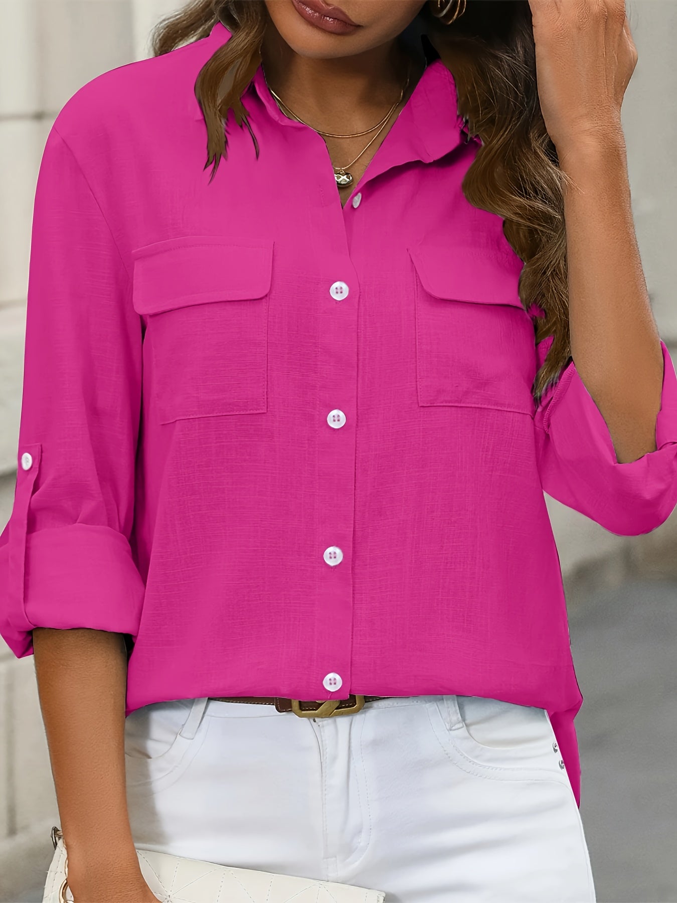 Women's Cotton Long Sleeve Shirt with Pockets and Button-Up Collar