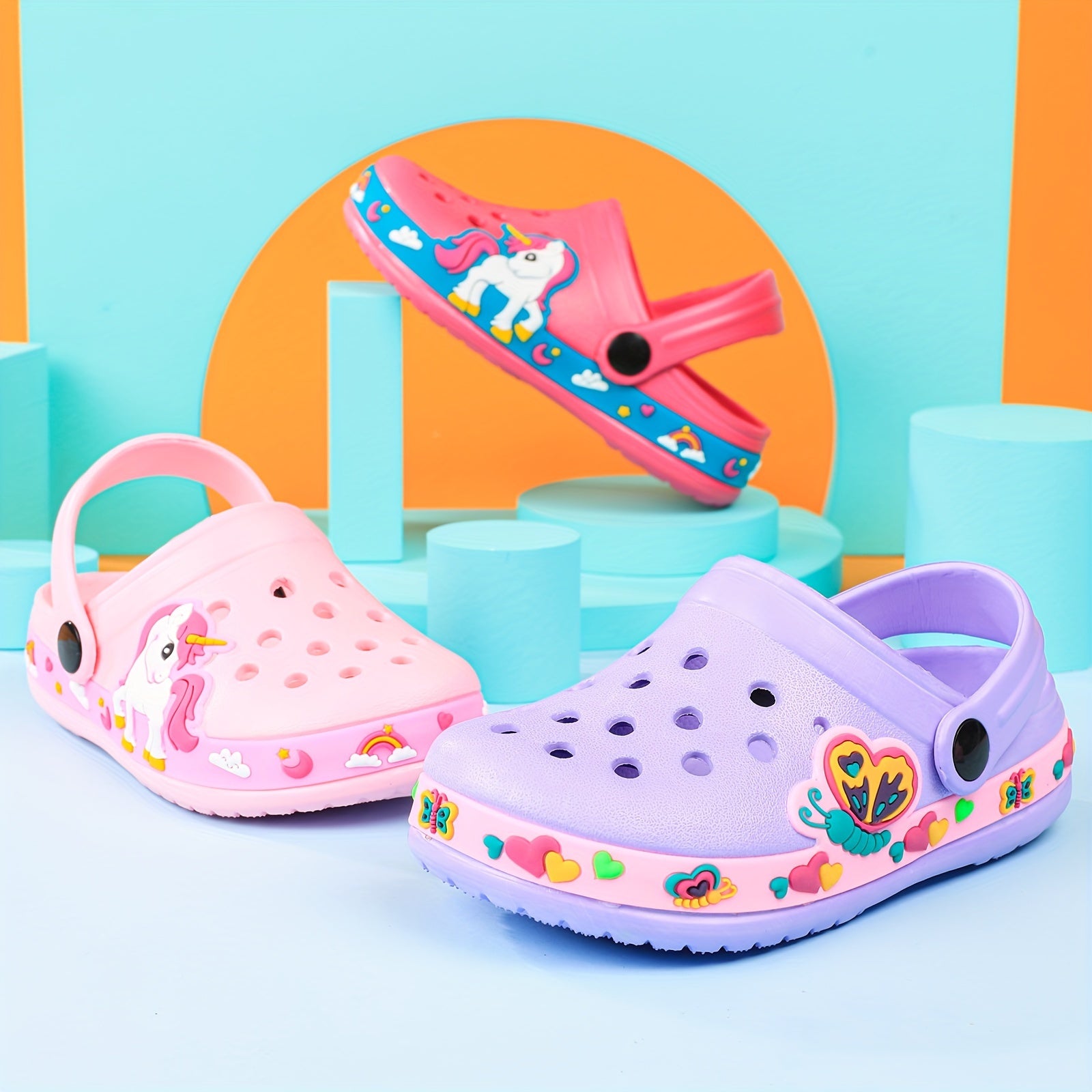 Toddler Girls Cartoon Print Platform Clogs with Closed Toe Anti-Skid Sole Hollow Out Design