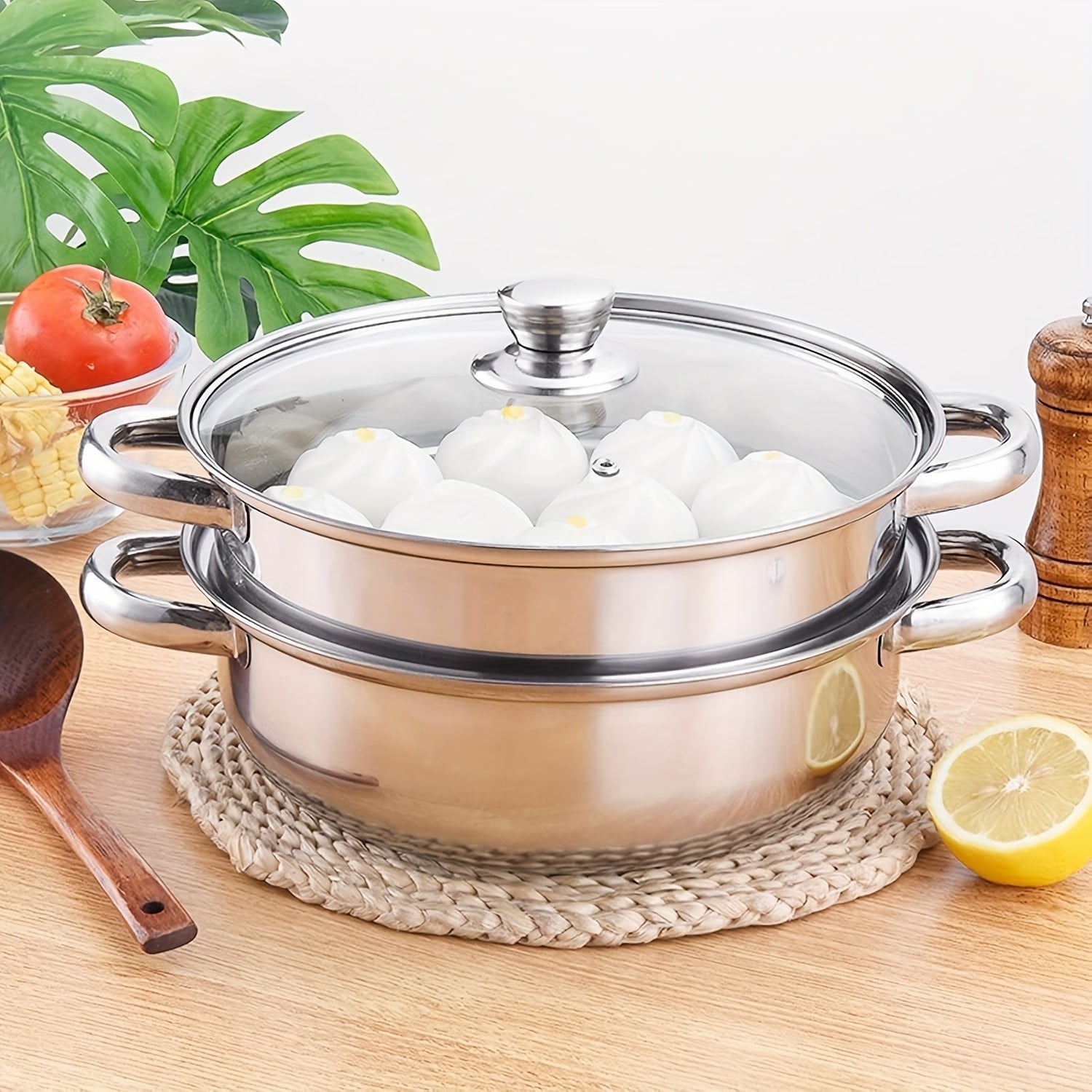 Stainless Steel 2-Tier Steamer Pot with Lid for Vegetables Dumplings Stocks