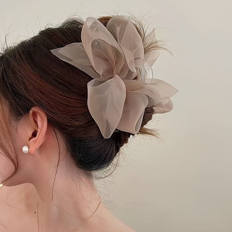 Large Beige Tulle Bow Hair Claw Clip with Milk Coffee Fairy Design for Women Girls