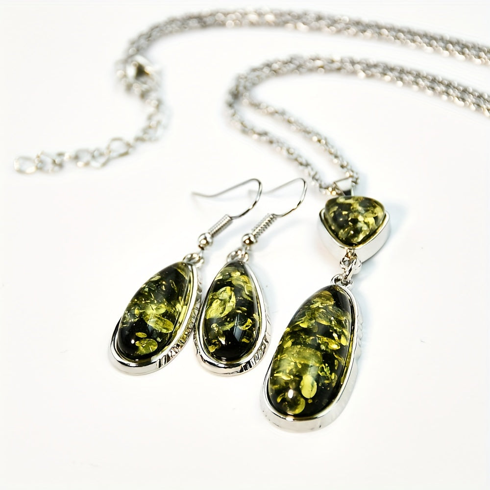 Vintage Amber Teardrop Pendant Necklace and Earrings Set for Women with Natural Stone and Geometric Chain