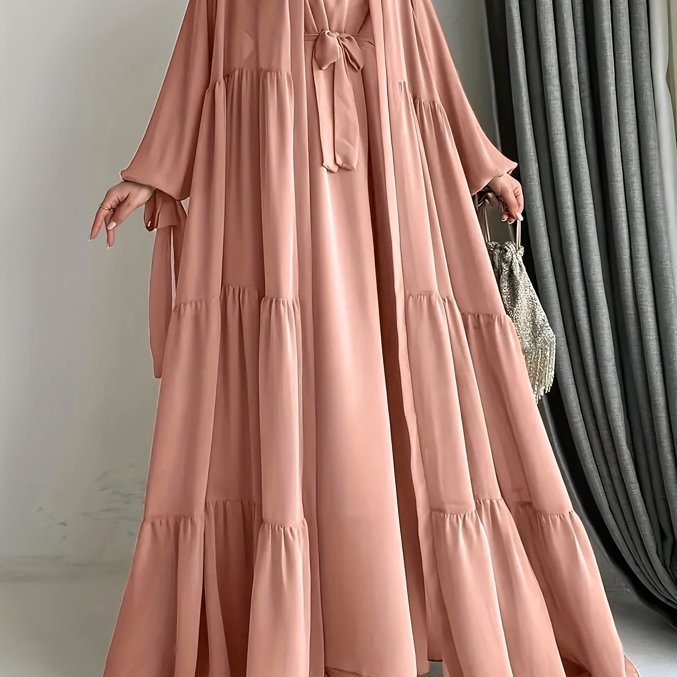 Chiffon Abaya with Lantern Sleeves Belt Ruffle Asymmetrical Hem for All Seasons