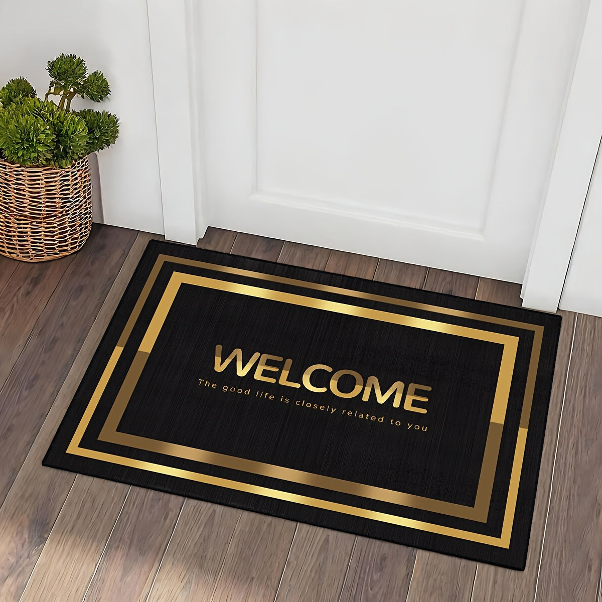 Black and Gold Welcome Door Mat Non-Slip Machine Washable Polyester