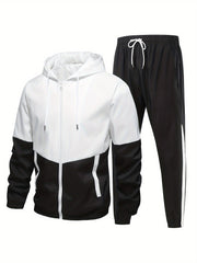 Men's Polyester Tracksuit Set Hooded Jacket and Long Pants Solid Color All Seasons