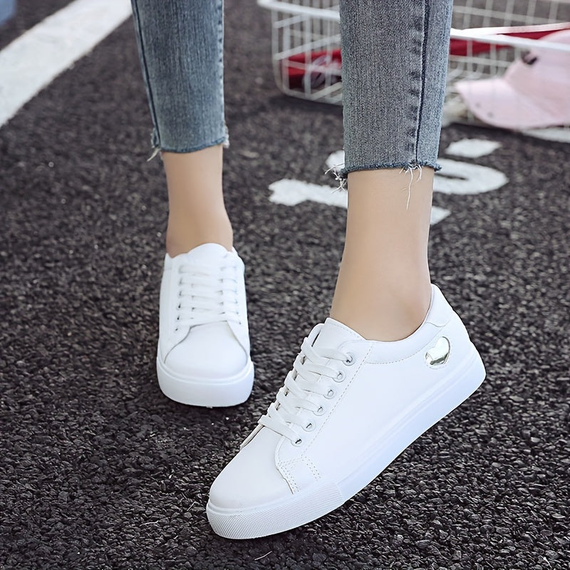 Women's Casual Sneakers with Heart-Shaped Design Lace-Up Flat White Soles