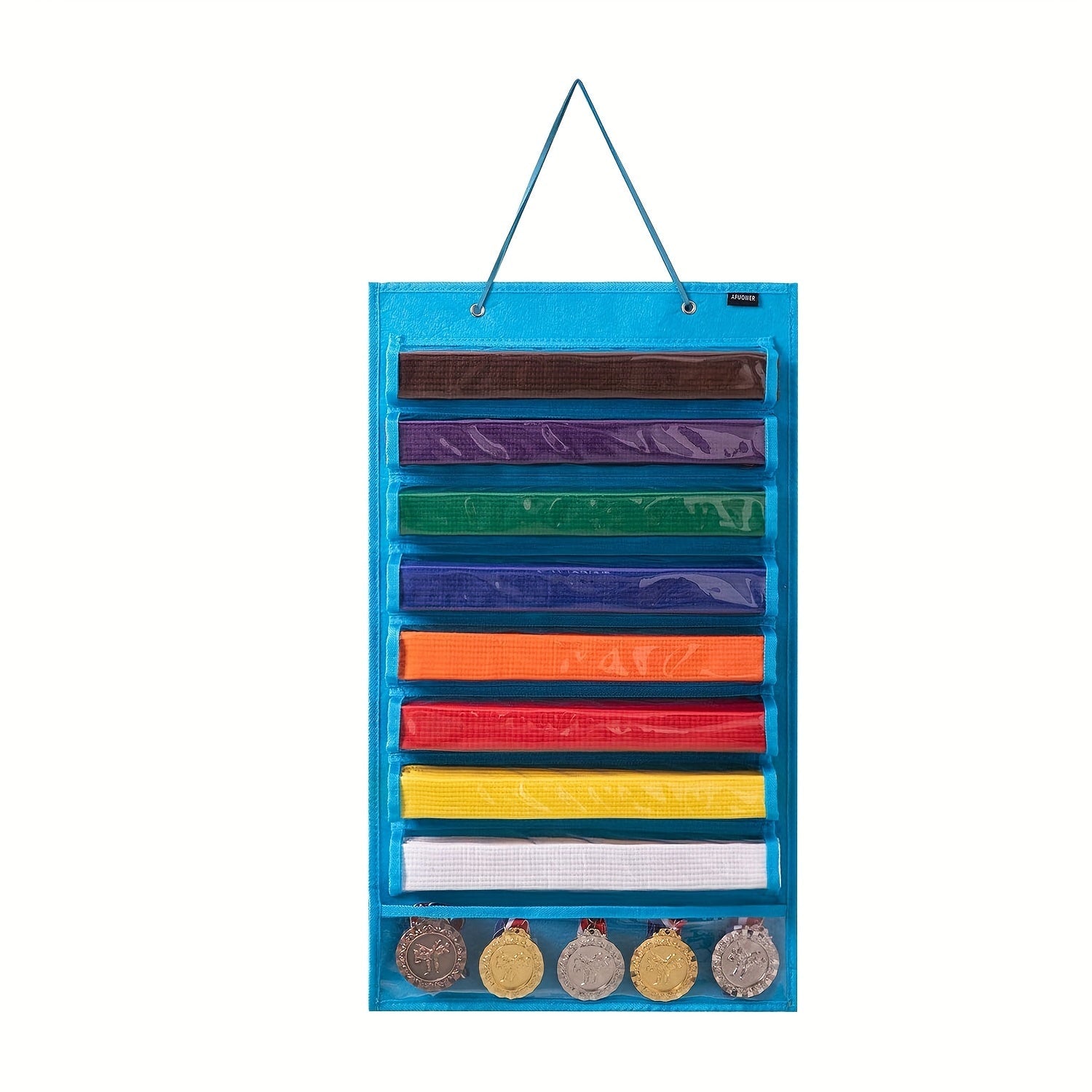 Martial Arts Belt and Medal Organizer Wall Rack with 9 Clear Pockets