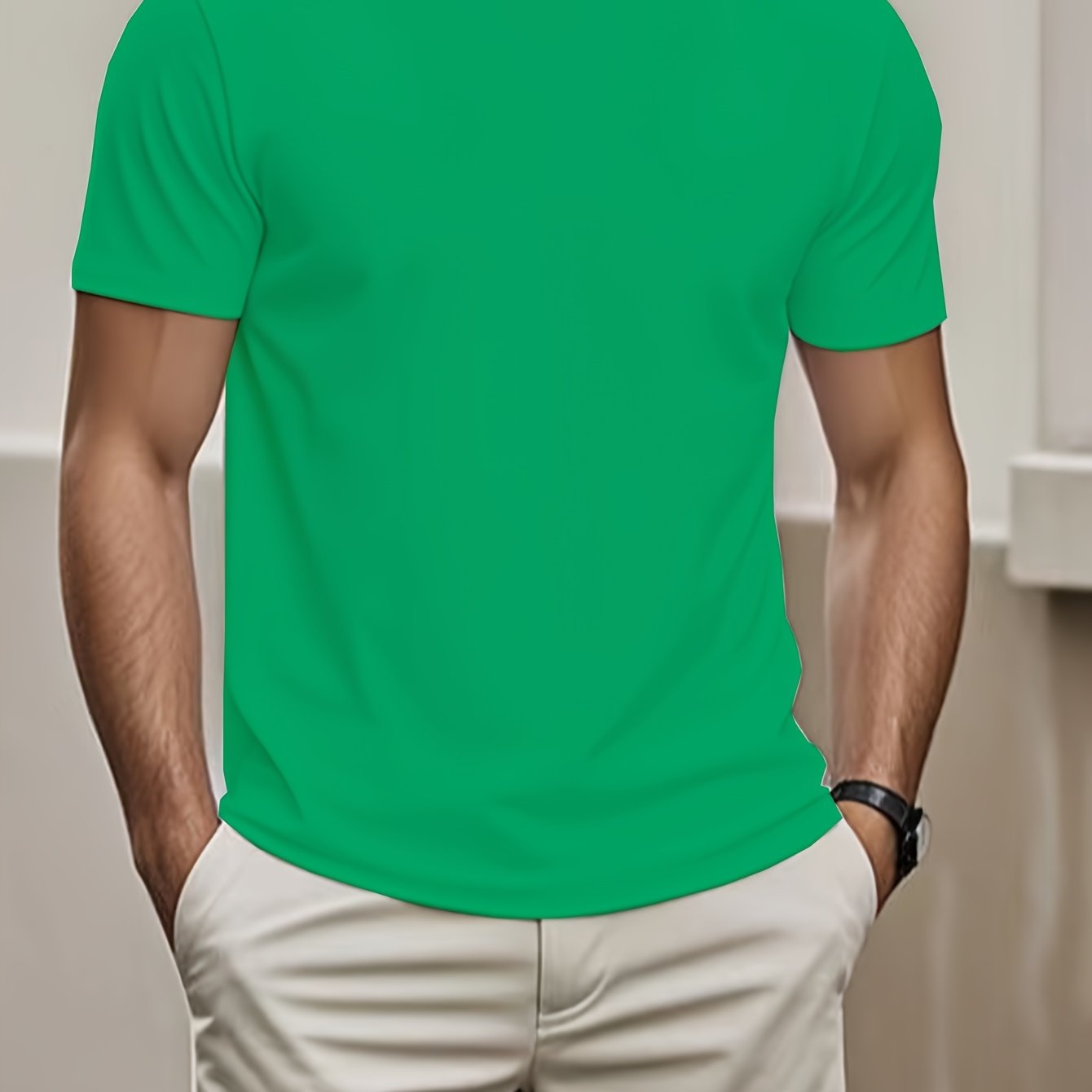 Erkaklar uchun bir rangli, yumshoq bo'yinli, qisqa yengli polyester futbolka, sport, gimnastika mashg'ulotlari va kundalik tasodifiy kiyim uchun mos. Tez quriydigan va ko'p maqsadli.