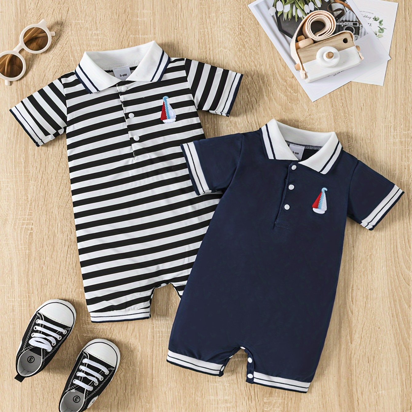Baby Girls and Boys Summer Cotton Short Sleeve One-Piece and Crawler Suit with Half-Open Chest