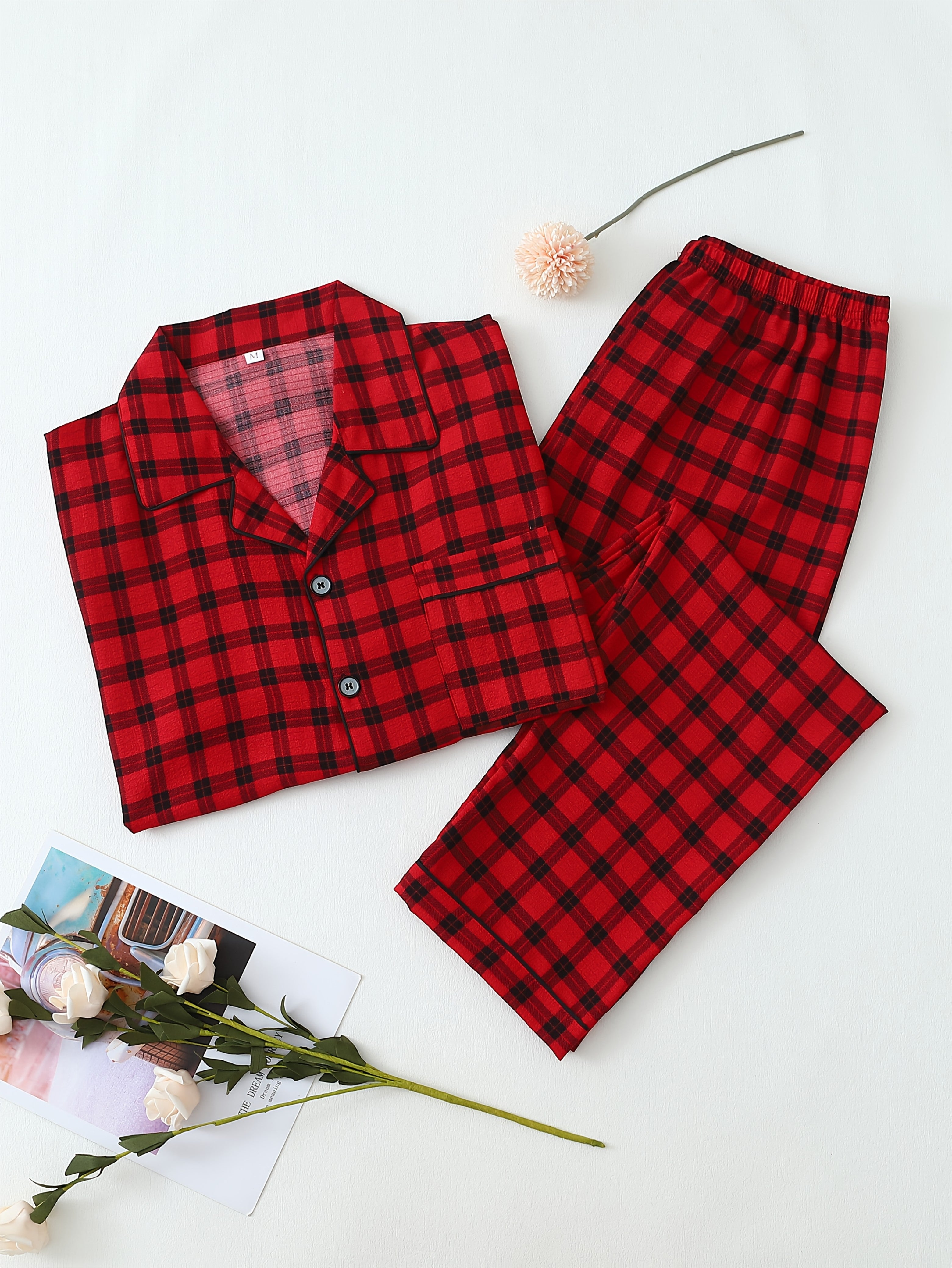 Men's Red Plaid Pajama Set Long Sleeve Polyester Knit Casual Sleepwear