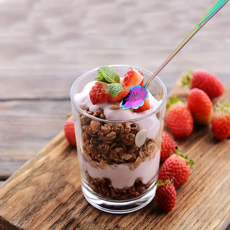 Set of 4 Iridescent Stainless Steel Coffee Spoons with Floral Designs for Elegant Table Settings