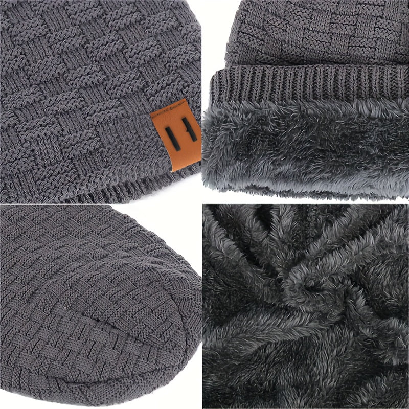 Men's Knit Beanie Winter Hat Faux Leather Patch Warm Windproof for Cycling Hiking