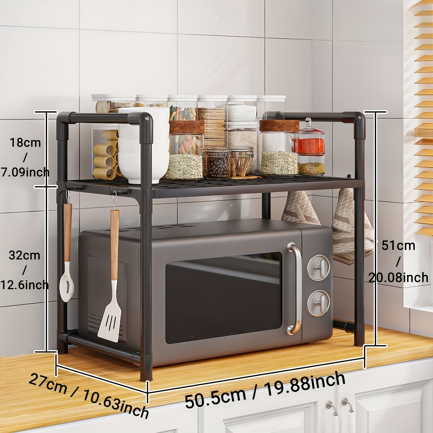 Estante de almacenamiento de plástico para cocina con ganchos, soporte para microondas, organizador para especias y utensilios
