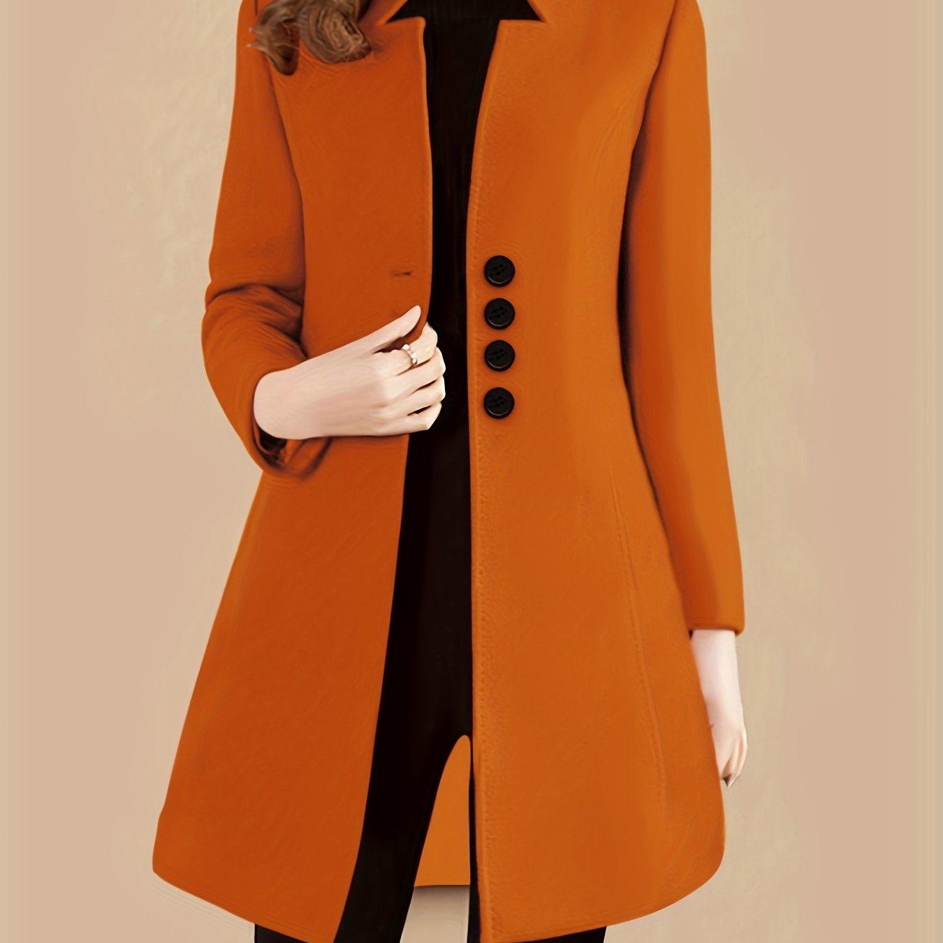 Women's Solid Polyester Single-Breasted Coat with Long Sleeves for Fall Winter