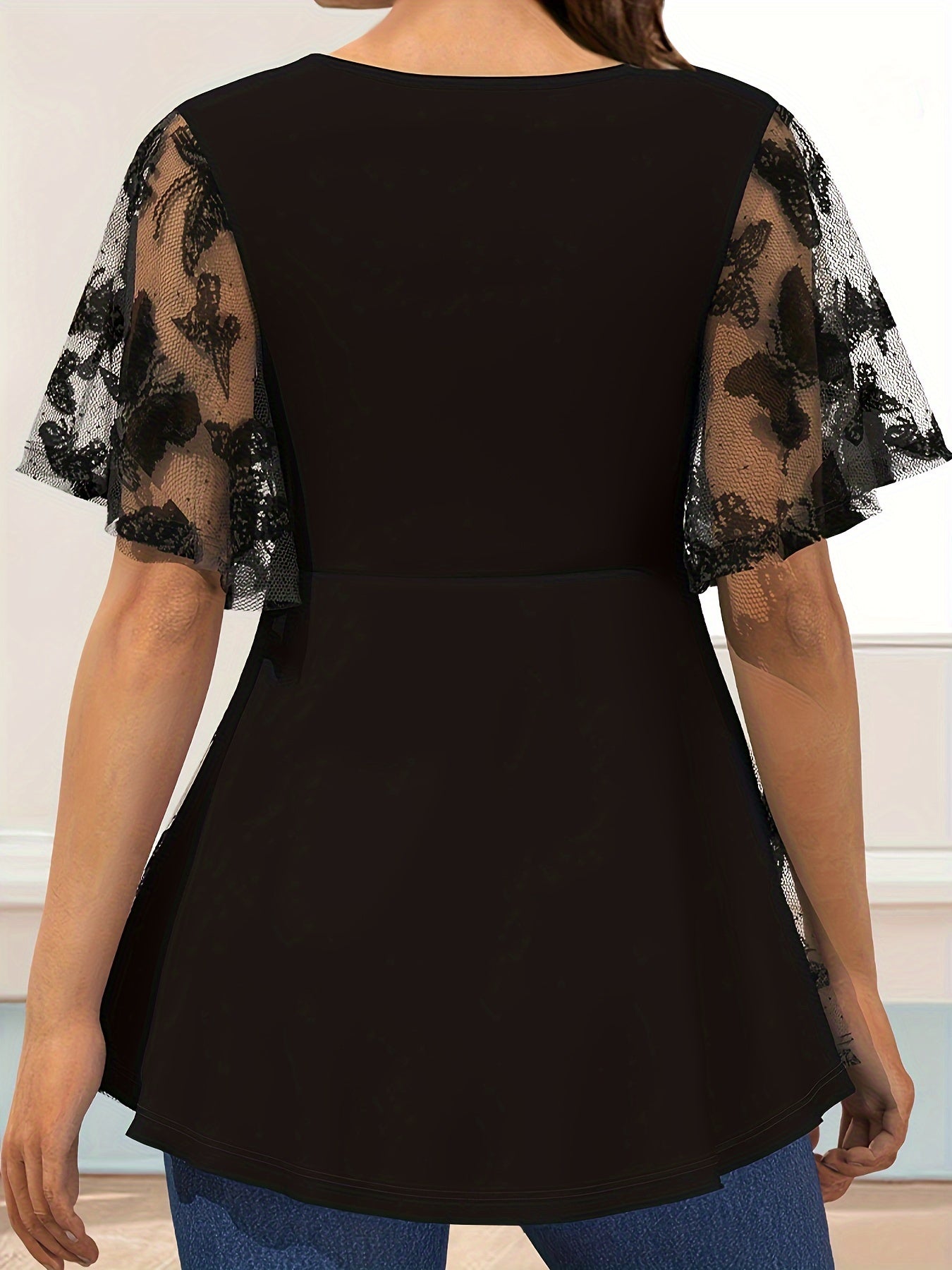 Women's Plus Size Butterfly Pattern Short Sleeve Top Lace Up Lace Top