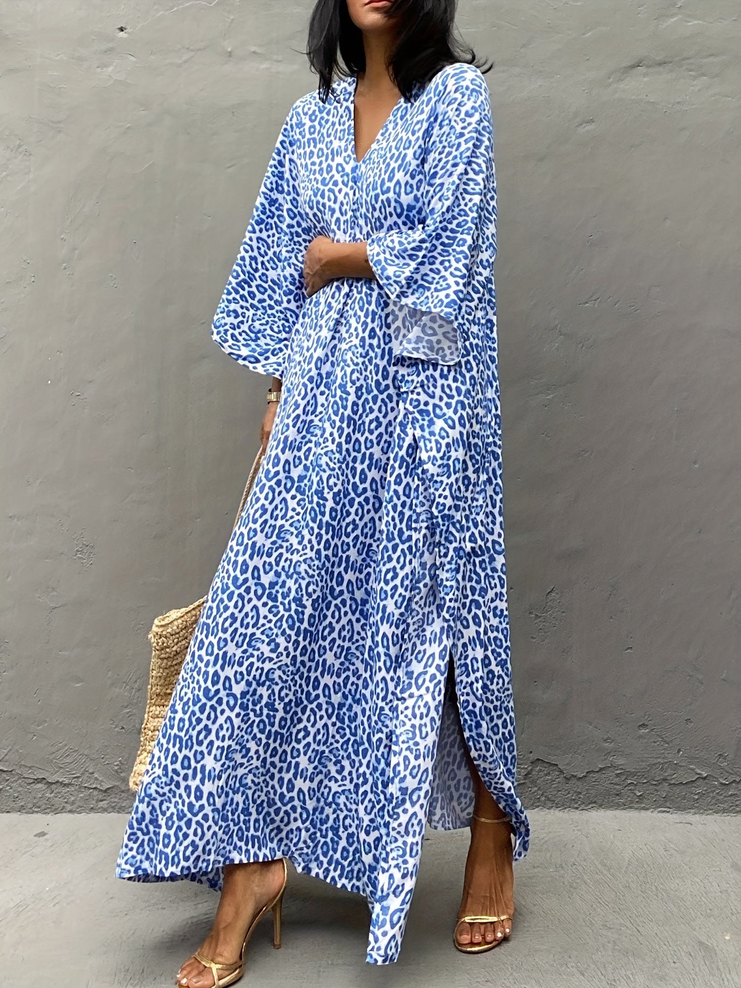 Women's Plus Size Leopard Print Kaftan Dress Vacation Cover Up V Neck