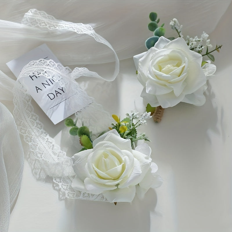 Set of 2 Bohemian Rose Flower Corsages and Wristlets for Weddings