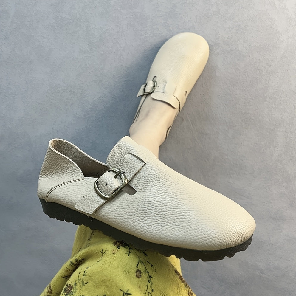 Women's Leather Flat Shoes with Buckle Strap Casual Loafers Brown