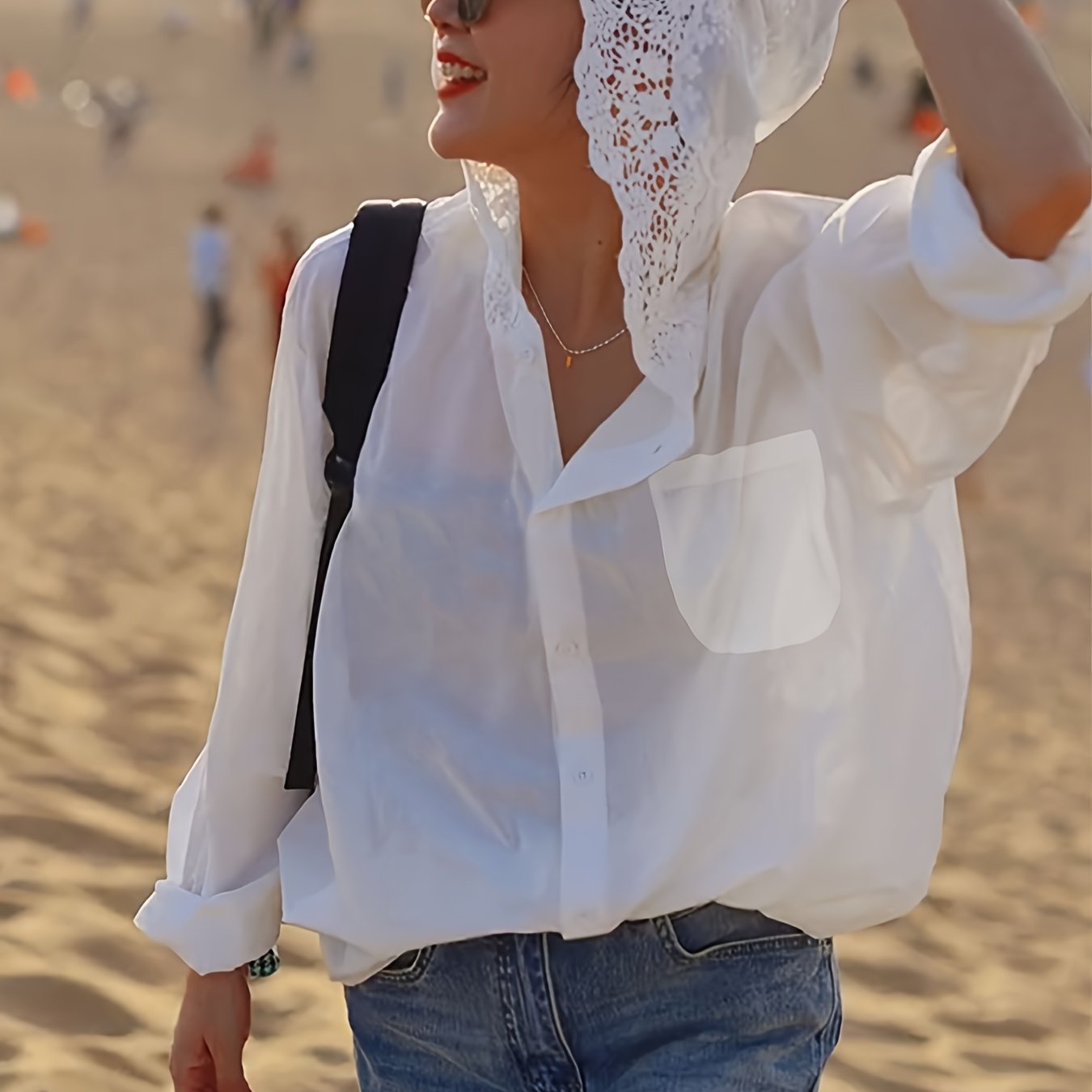 Chaqueta de manga larga con capucha y borde de encaje para mujer talla plus, color sólido, ropa exterior casual para todas las estaciones