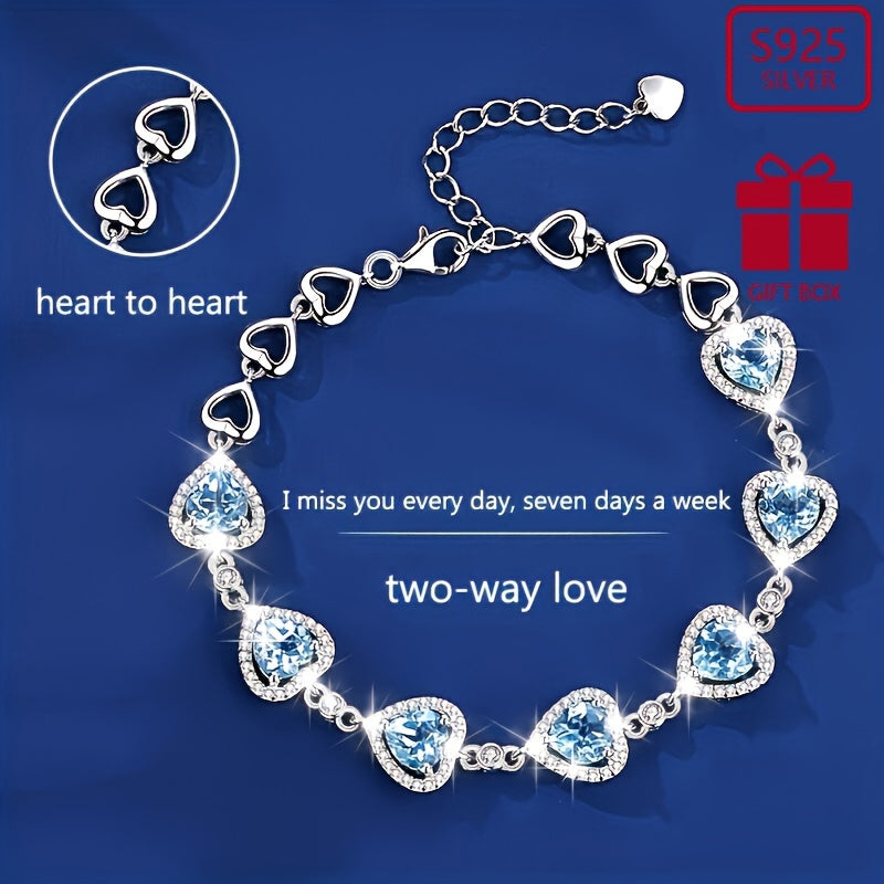Sterling Silver Heart Charm Bracelet Cubic Zirconia Wedding Gift for Women