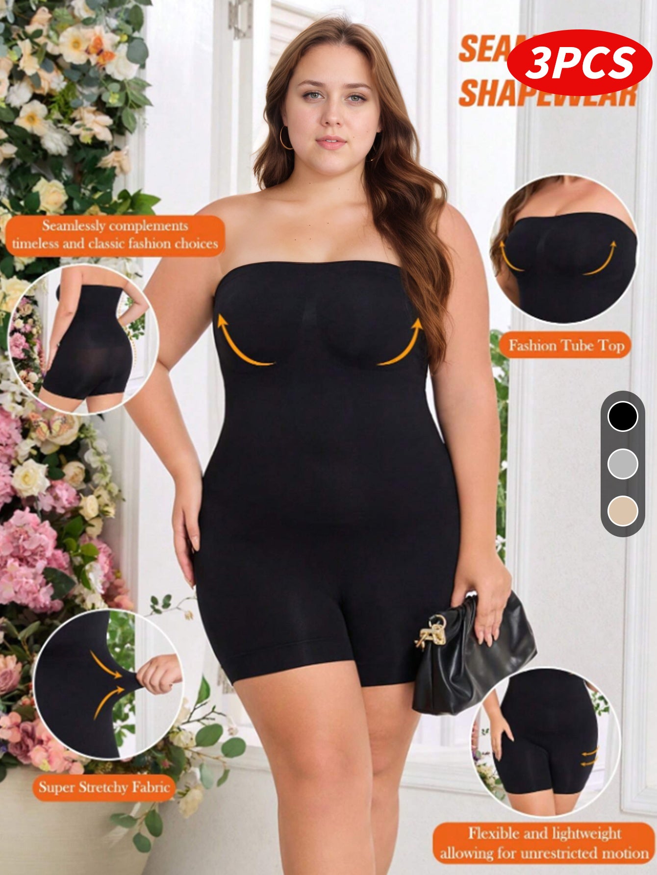 Plus Size Women's Seamless Shaping Rompers Black Gray Beige Tummy Control
