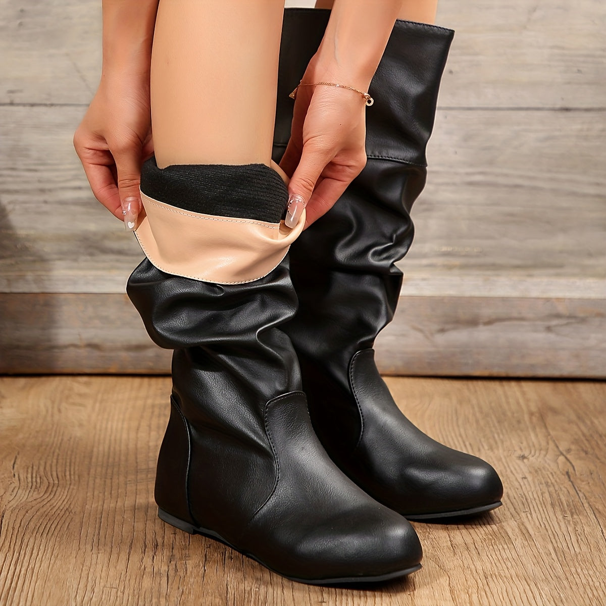 Women Oversized Knee-High Boots Leather Solid Color Mid-Calf Autumn Winter
