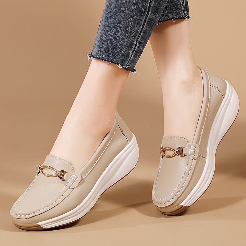 Women's Beige Slip-On Loafers with Non-Slip Sole and Decorative Buckle