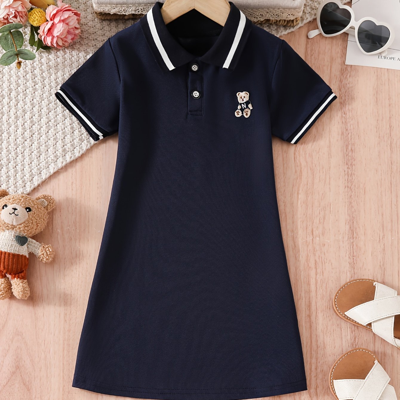 Vestido para niñas con cuello de volante en contraste con oso, manga corta, tela de punto, casual, para volver a clases