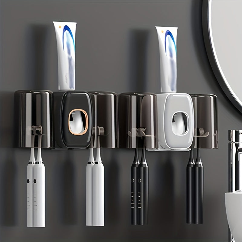 Wall-Mounted Toothbrush Holder with Toothpaste Squeezer and Mouthwash Cup for Bathroom Organization