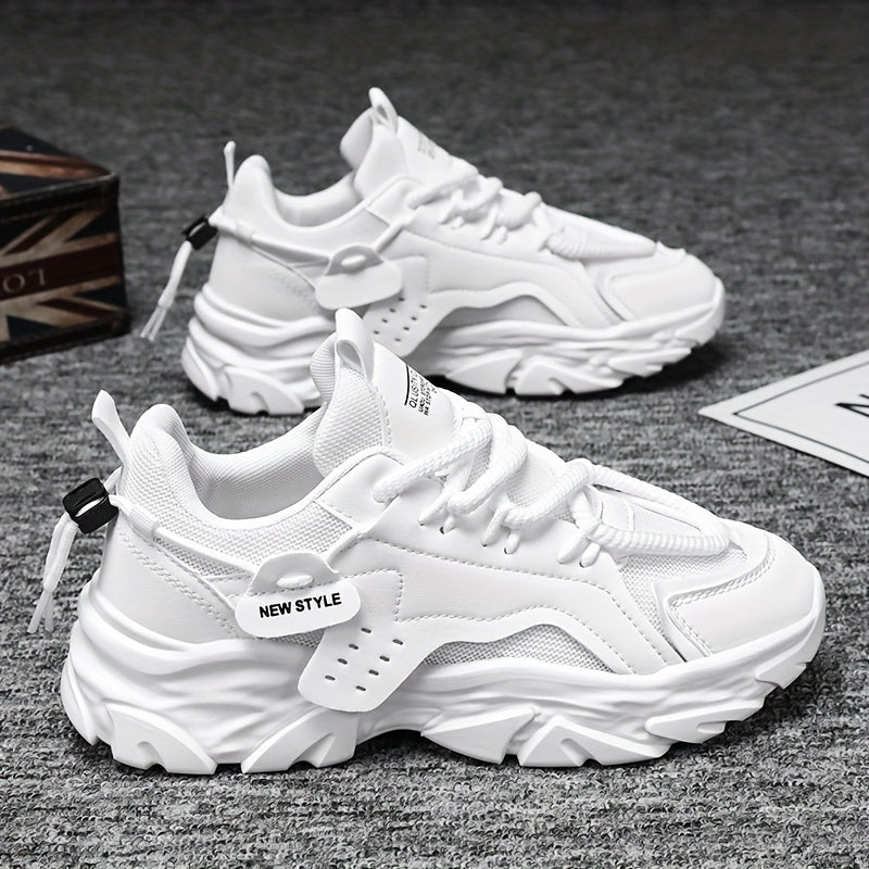 Men's Solid Color Chunky Sneakers Low Top Non-Slip Lace-Up Thick Sole Casual Running Hiking Shoes