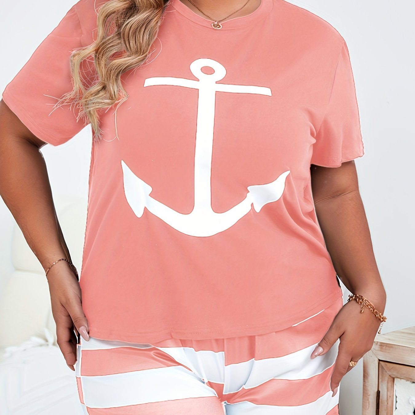 Plus Size Loungewear Set Women's Anchor Print Short Sleeve Top & Striped Shorts