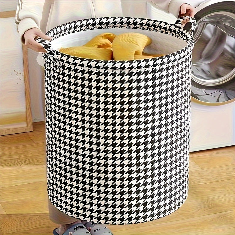 Large Houndstooth Fabric Storage Hamper with Handles for Laundry and Toys