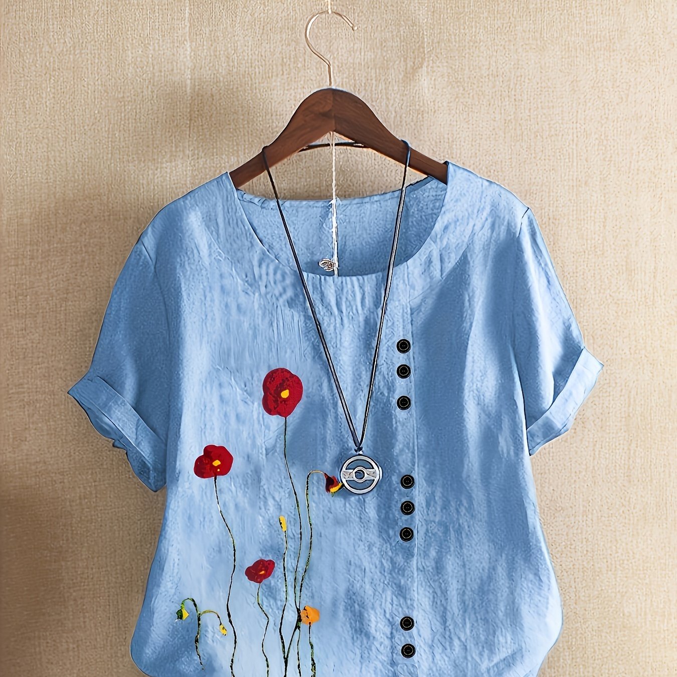 Plus Size Floral Print Blouse Soft Polyester Blend Short Sleeve Casual Top for Women