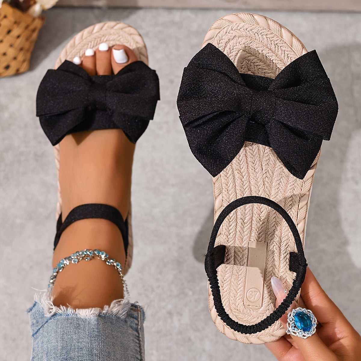 Women's Flat Sandals Open-Toe Strappy Shoes with Bow Lightweight EVA