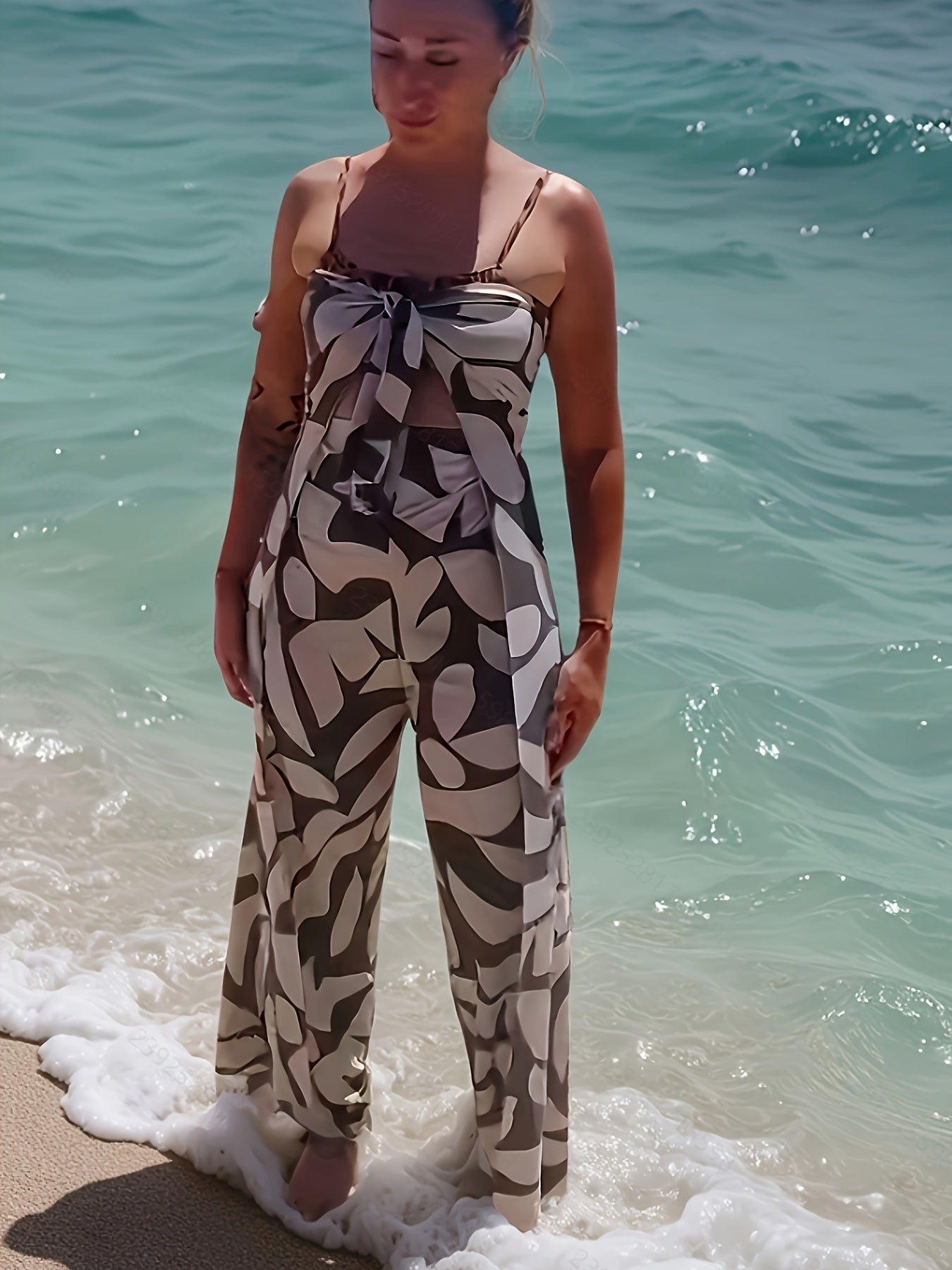 Women Geometric Print Beach Pants Loose Fit Wide-Leg Harem Culottes