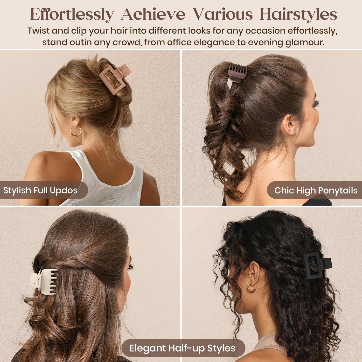 Ayollar va qizlar uchun matli soch kliplari 4.06cm, sirpanmaydigan, bej, khaki jigarrang, qora