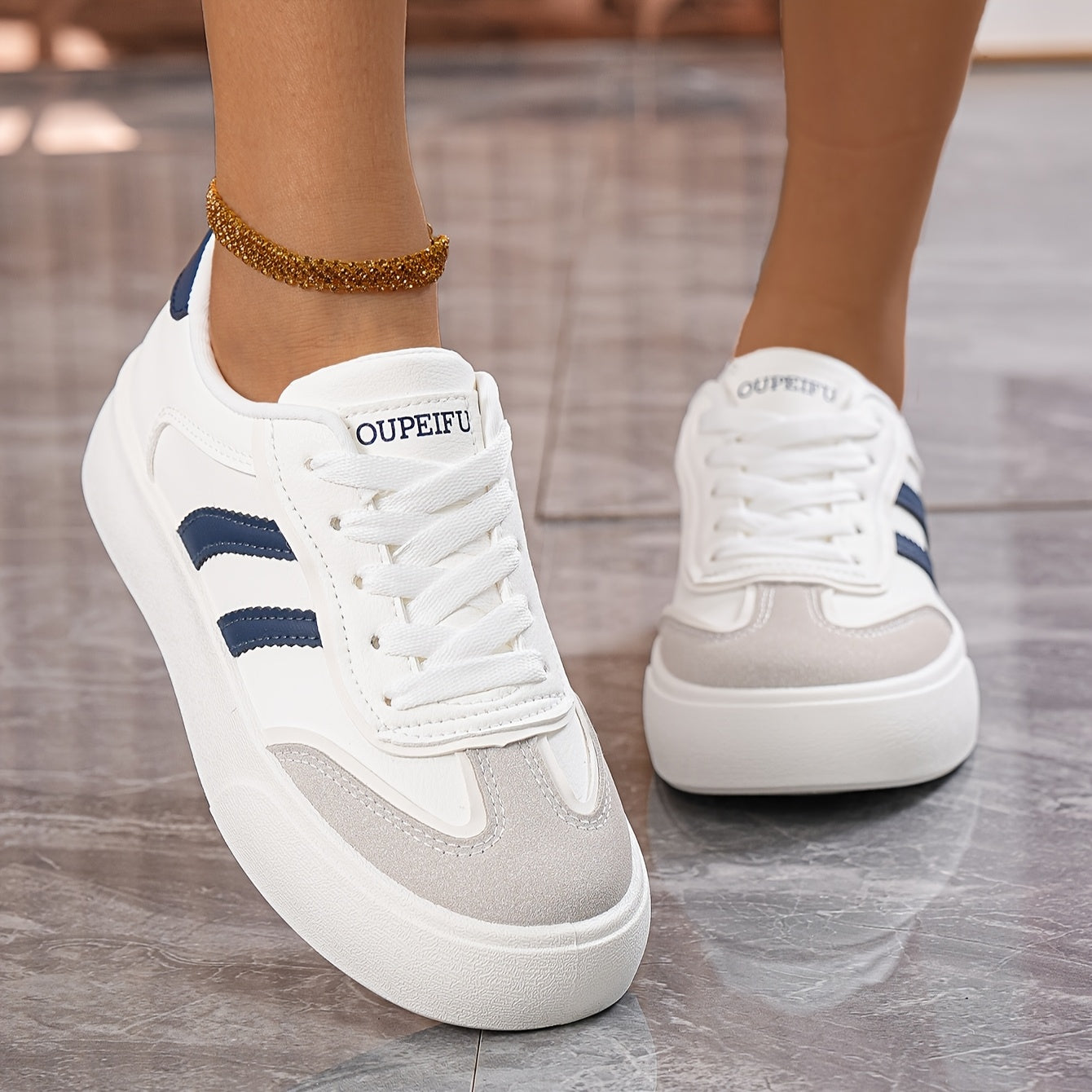Women's Fashion Skate Sneakers White Black Rubber Low Tops Casual Shoes