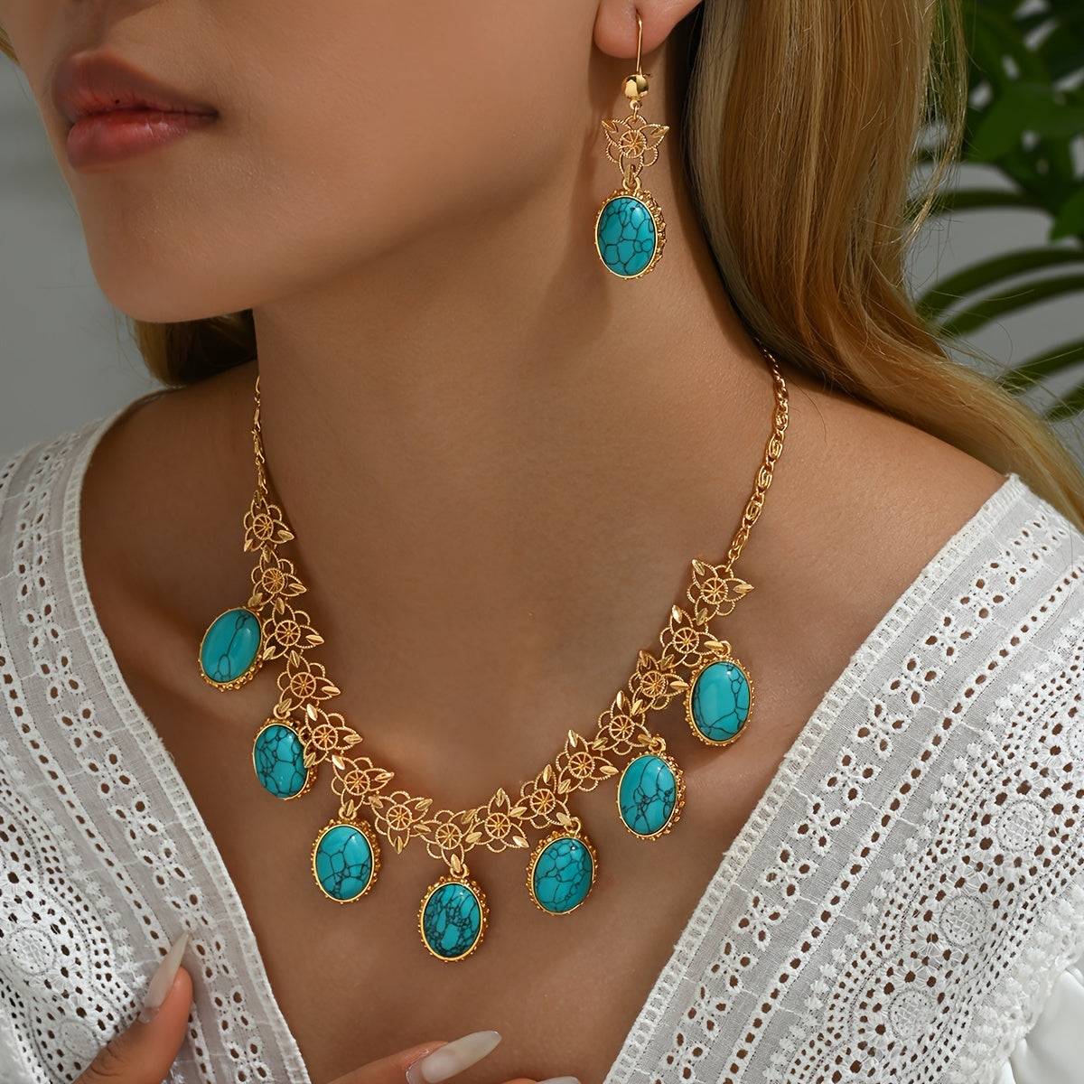 Elegant Bohemian Jewelry Set for Women with Multi-Pendant Stone Earrings and Necklace