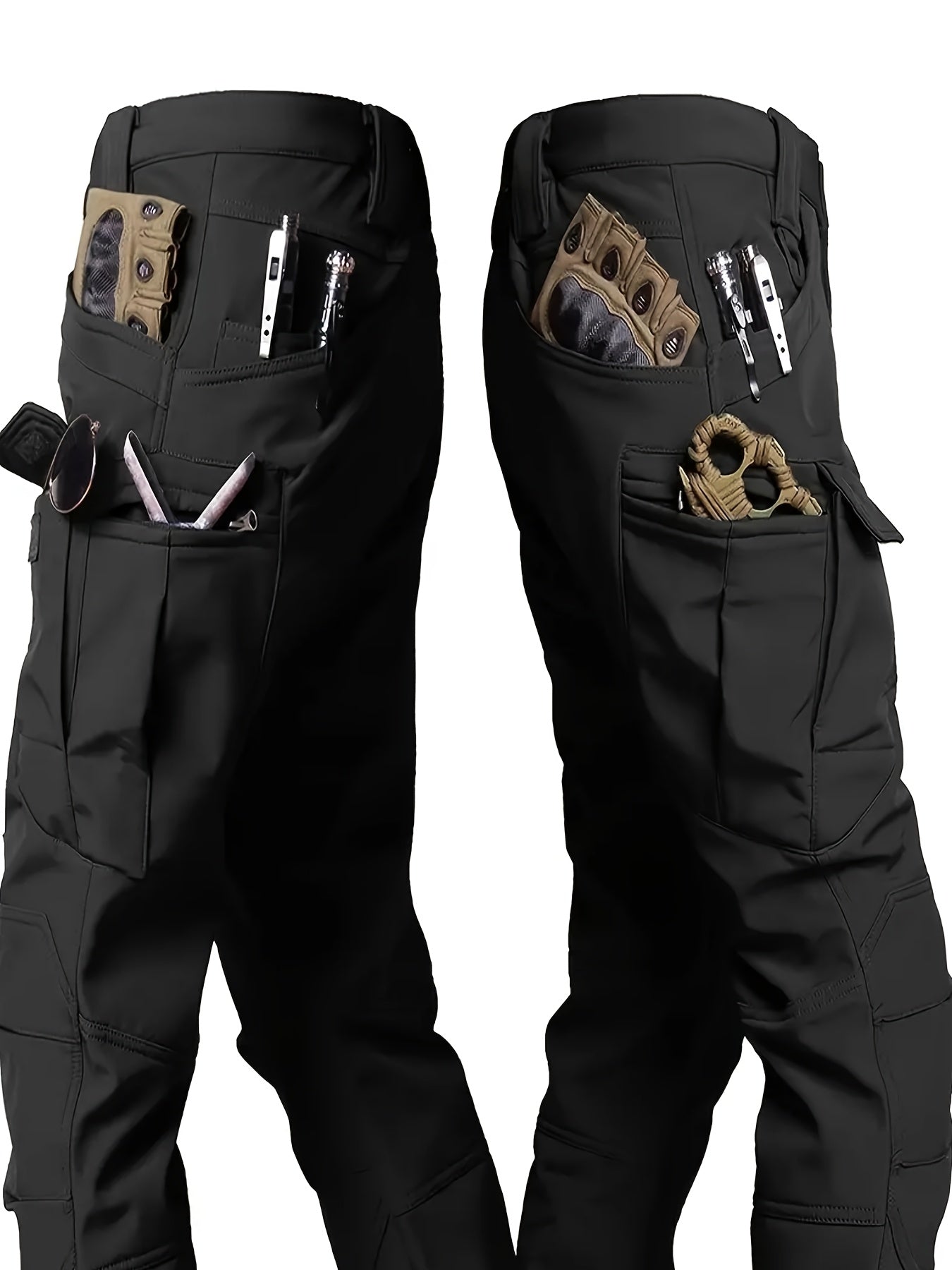 Men's Outdoor Softshell Jacket and Utility Pants Set for Fall Winter Breathable Windproof Fleece Hood