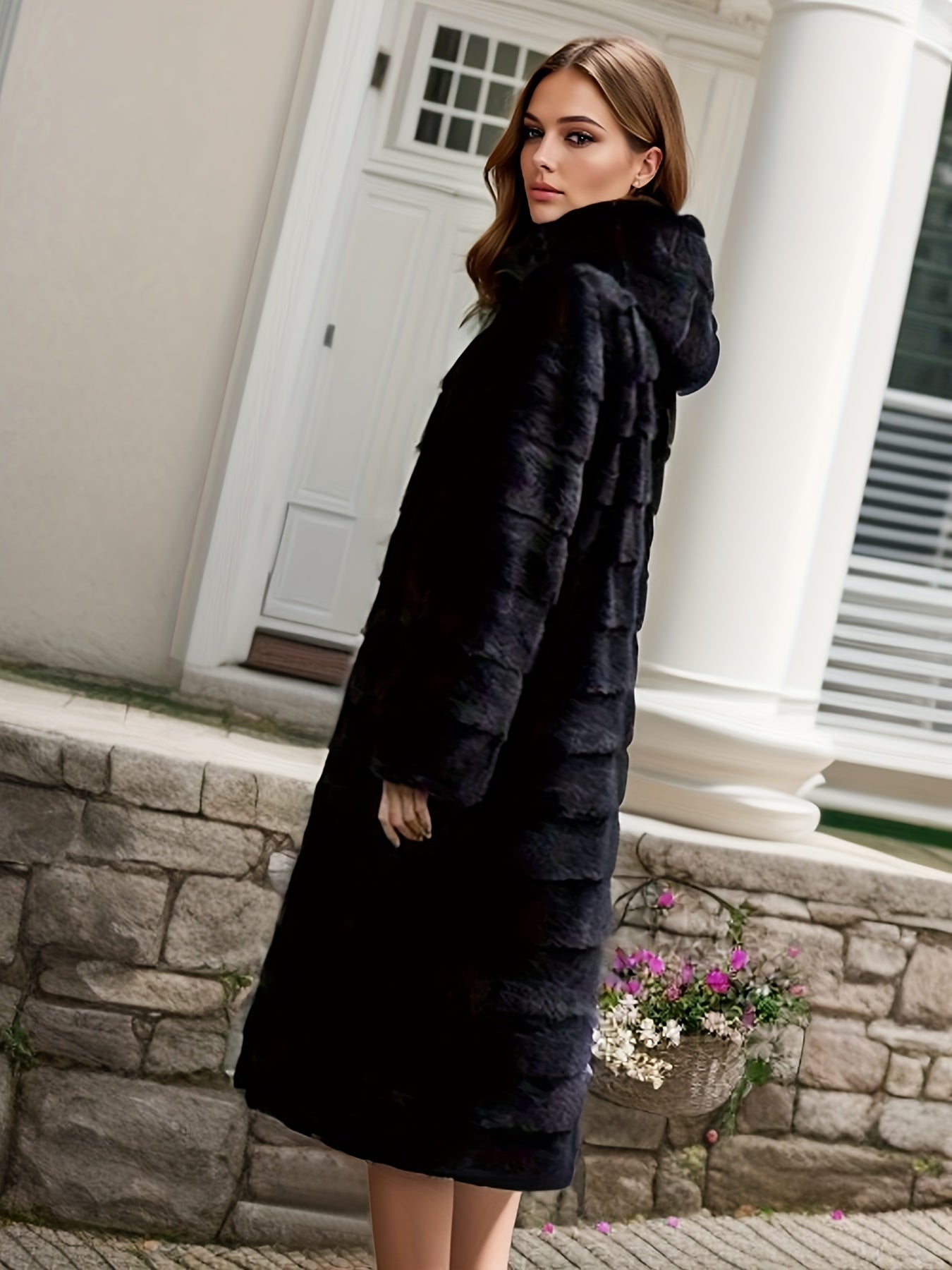 Plus Size Faux Fur Coat with Pockets and Hood for Winter