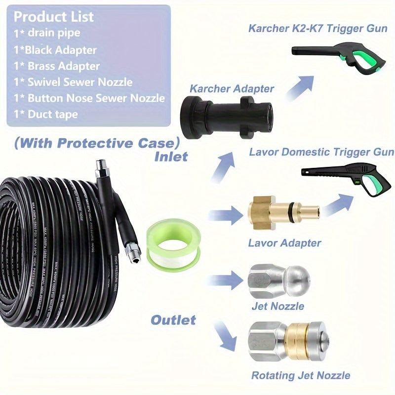 Drain Cleaning Kit with 45m High Pressure Hose Nozzles Adapters for Karcher K2-K7
