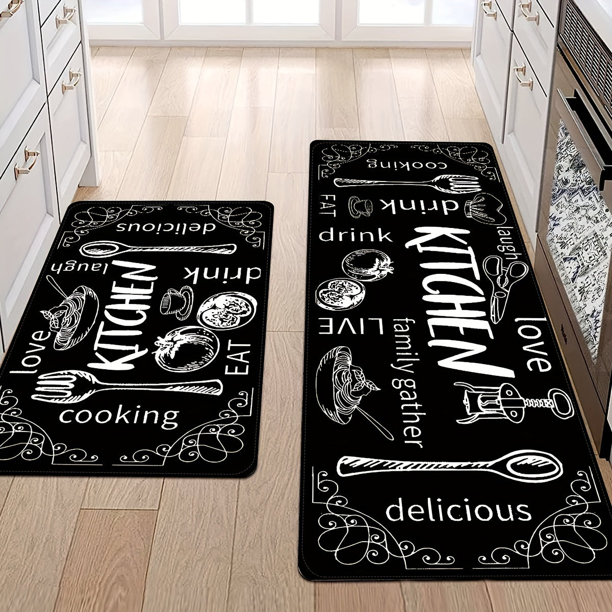 Black Kitchen Floor Mat Non-Slip Washable with Cooking and Dining Themes for Doorways Laundry Bathroom