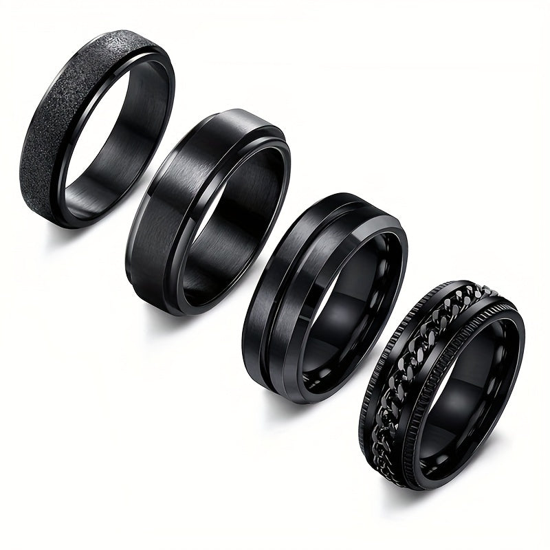 Black Rotating Rings for Men, Minimalist Stylish Jewelry with Concave Grooves