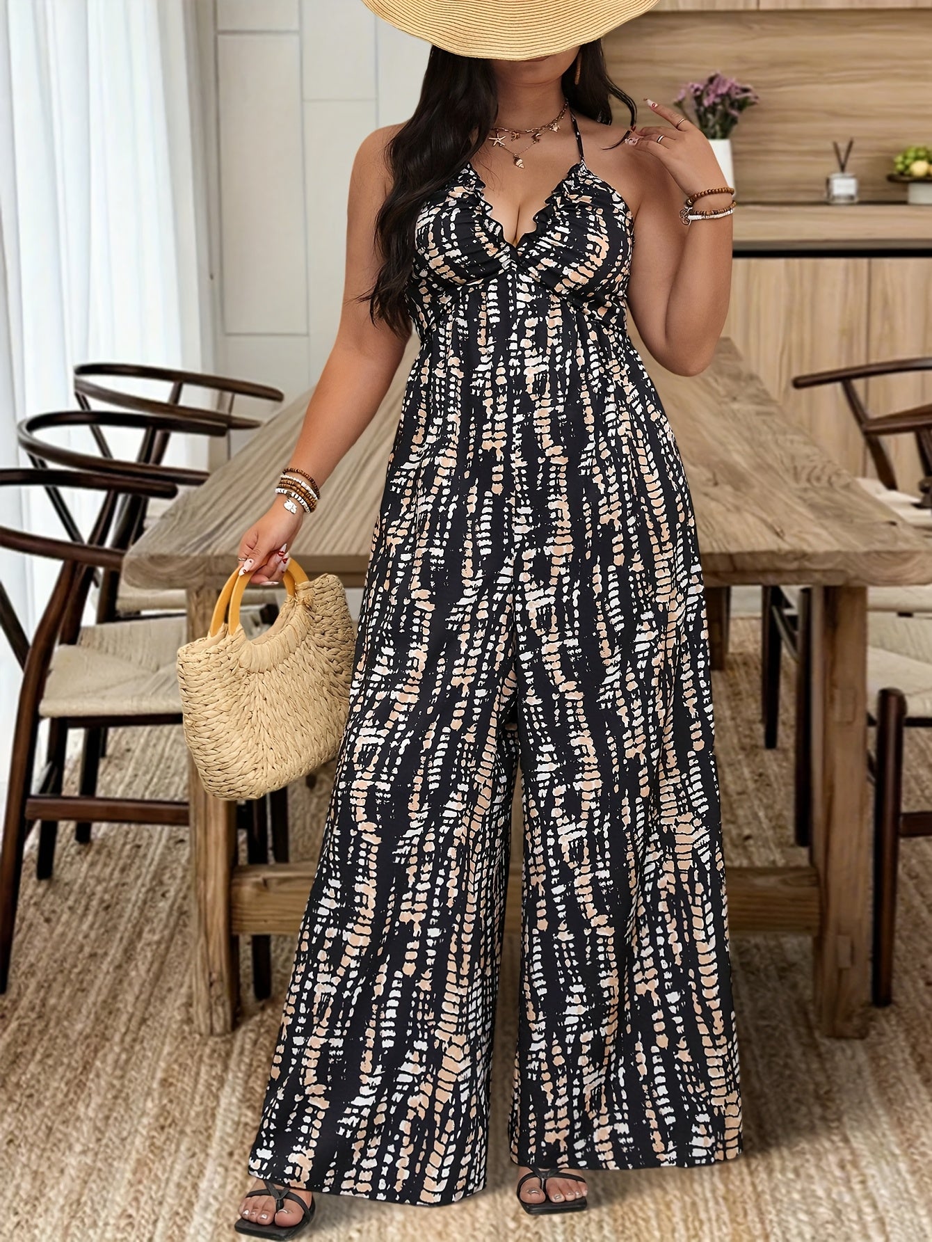 Plus Size Women's V-Neck Ruffled Sleeveless Jumpsuit Black White Herringbone