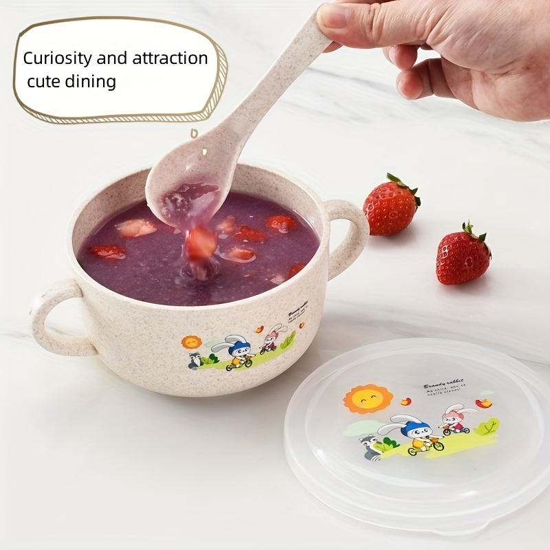 Kids Insulated Cartoon Bowl with Cutlery and Lid for Snacks and Fruits