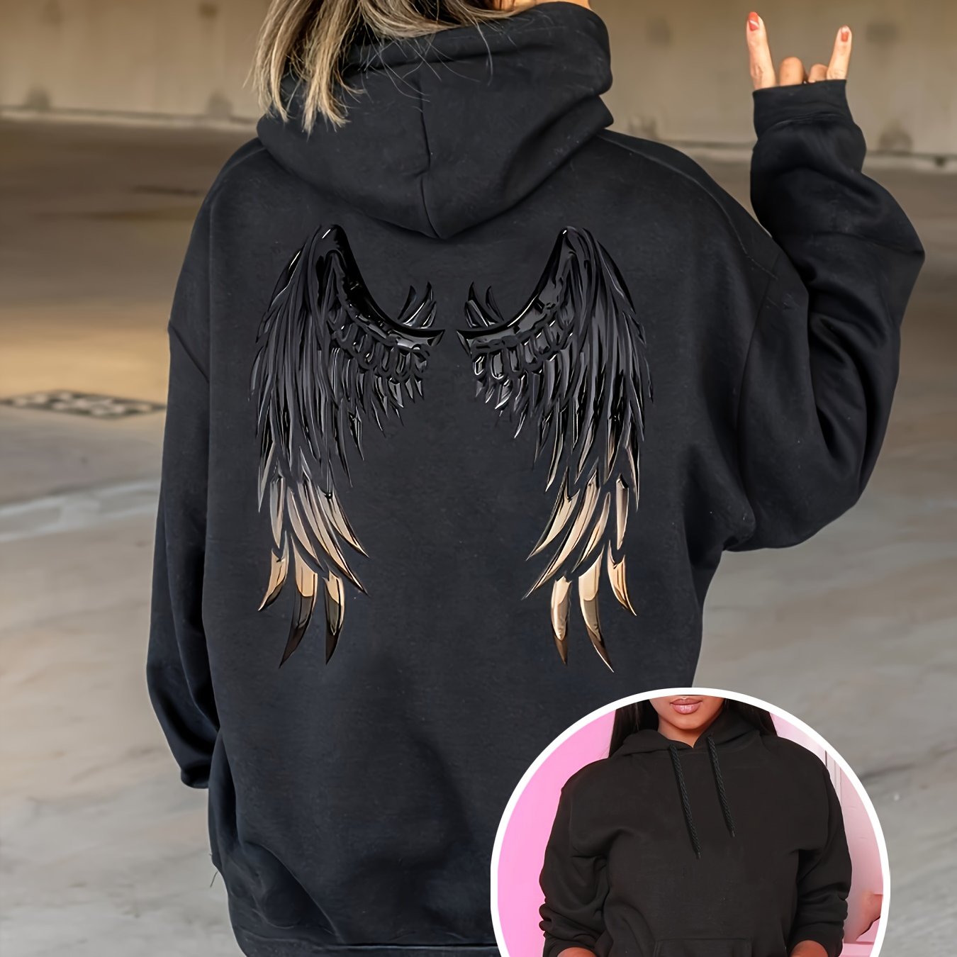 Plus Size Wings Print Drawstring Hoodie Casual Long Sleeve Winter Women