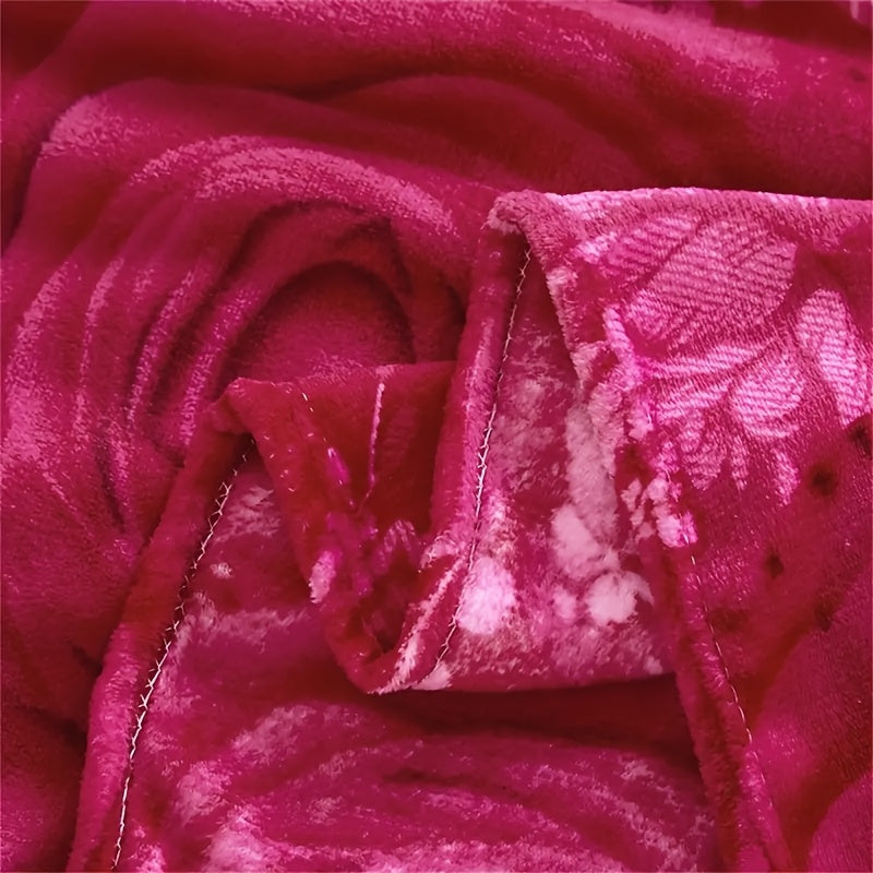 Red Flannel Bed Blanket with Woven Peony Pattern Polyester All-Season Comfort