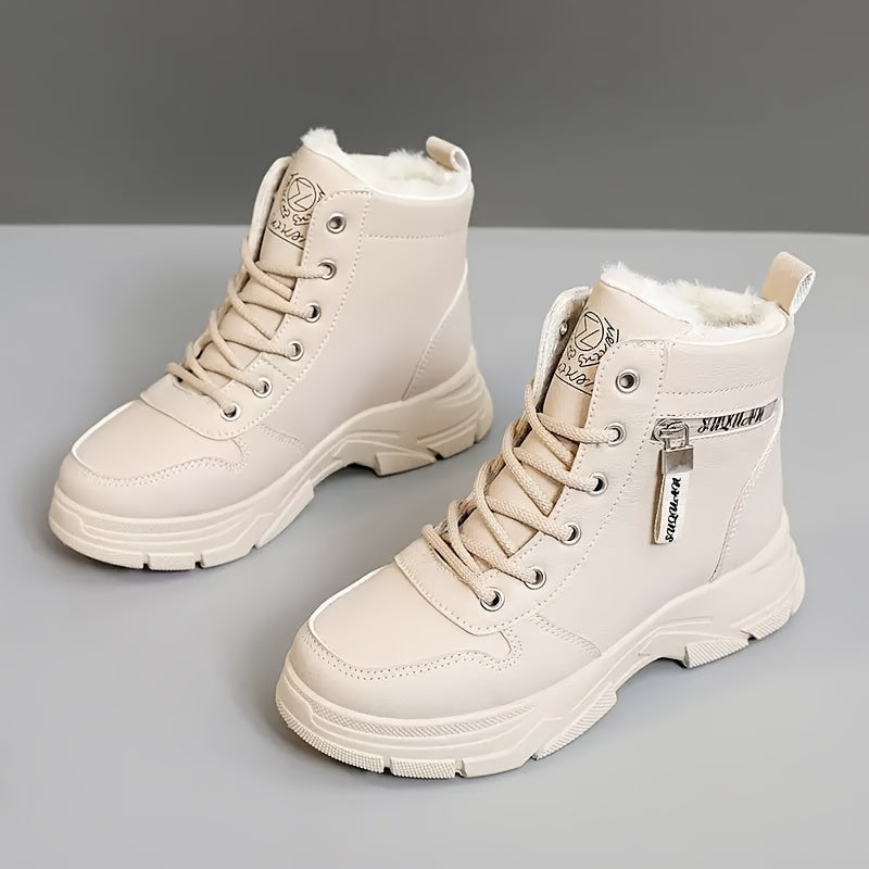 Women's Fleece-Lined Ankle Boots Beige Synthetic Casual Cold Weather