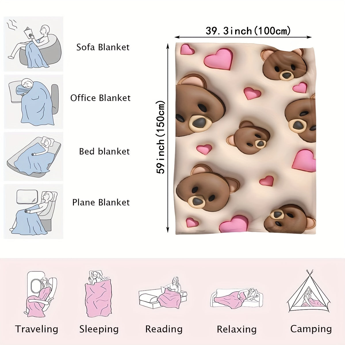 Soft Bear-Patterned Fleece Blanket for Kids and Adults, Cozy and Comfortable