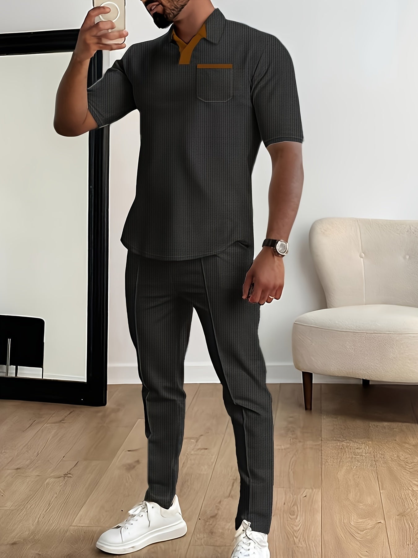 Men's Casual Set Waffle Collar Short Sleeve Top and Long Pants Solid Color Summer