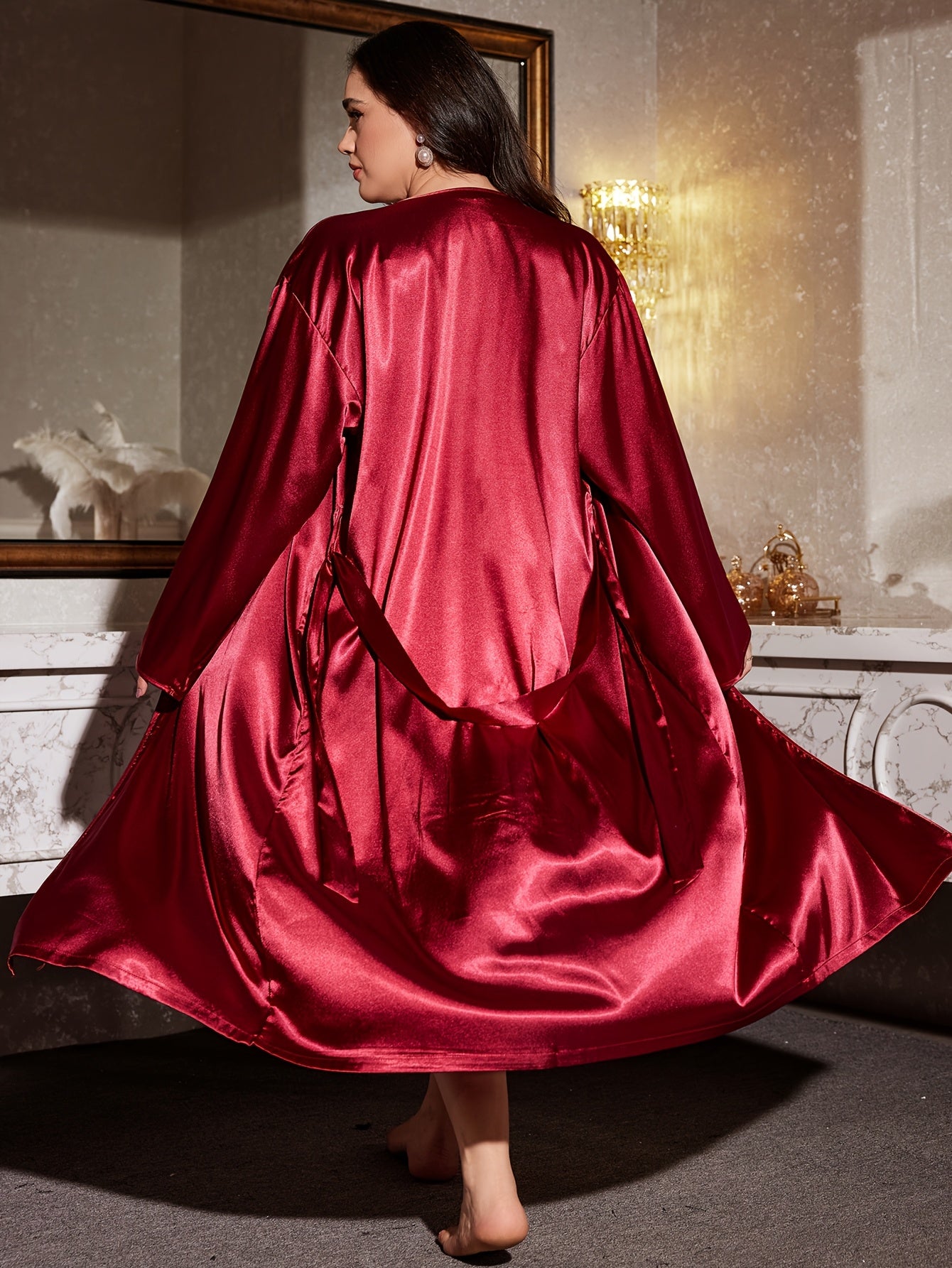 Plus Size Women Long Satin Bathrobe Sleepwear Solid Color Fall Winter